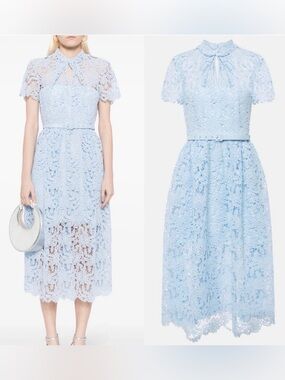 🦋 Self-Portrait Blue Guipure Lace Midi Dress Cape Overlay Belted 🦋